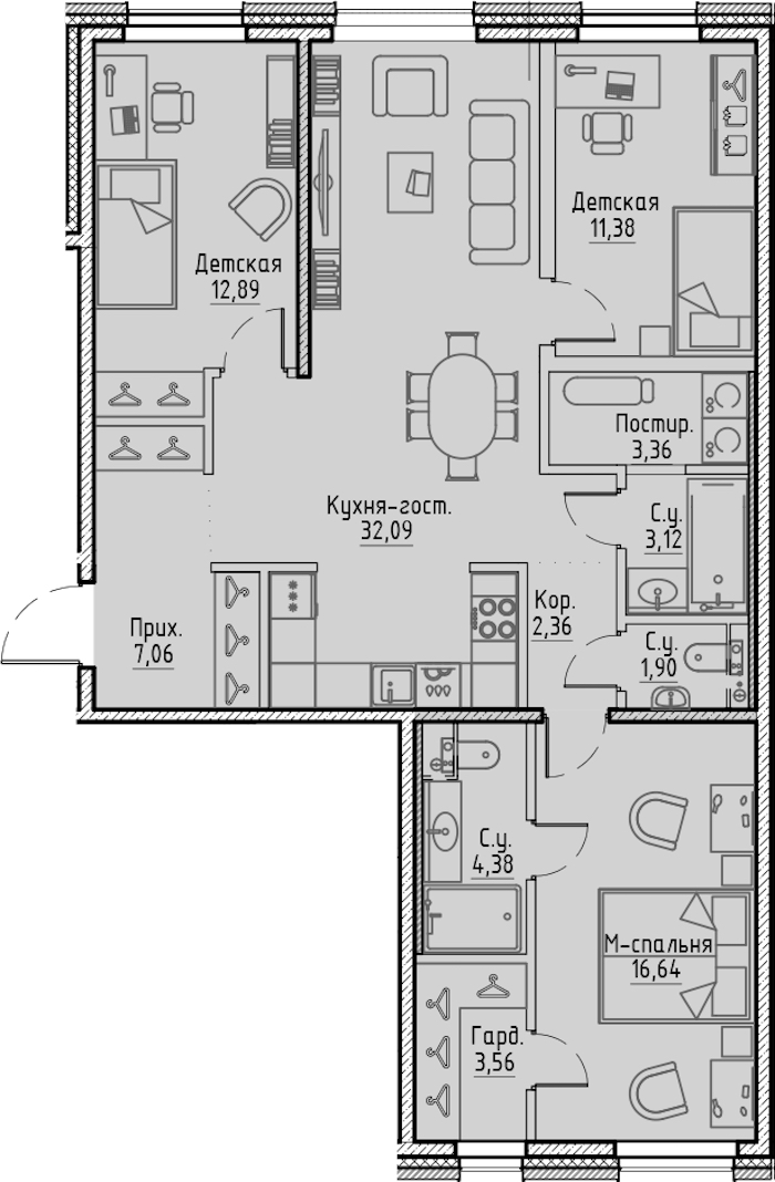 3-комнатная квартира 98.74 м², 3/7 эт., ЖК «LEGENDA Сампсониевский 32»